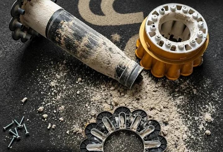 Циклонный блок и труба пылесоса Dyson, забитые пылью, перед чисткой